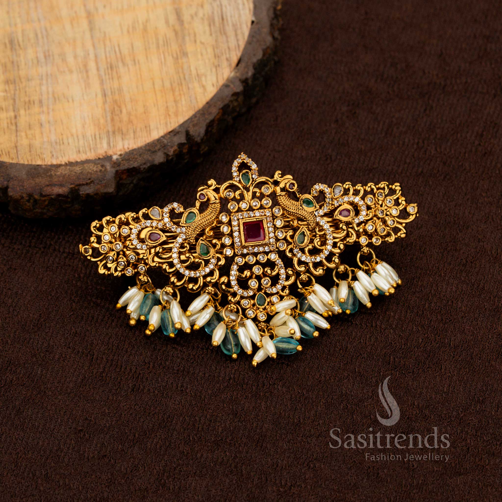 Bridal temple hair accessory with dual peacock motif and pearls