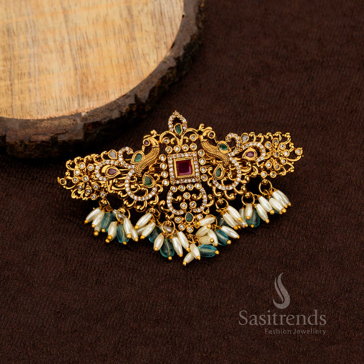 Bridal temple hair accessory with dual peacock motif and pearls