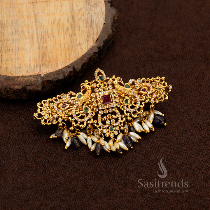 Traditional dual peacock hair clip with square AD stone Sasitrends