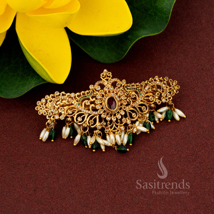 Temple Matte Gold Plated Floral center Oval Stone AD Rice Pearl Hair Clip