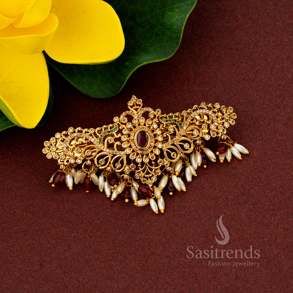 Traditional Sasitrends AD hair clip with oval red stone and pearl accents