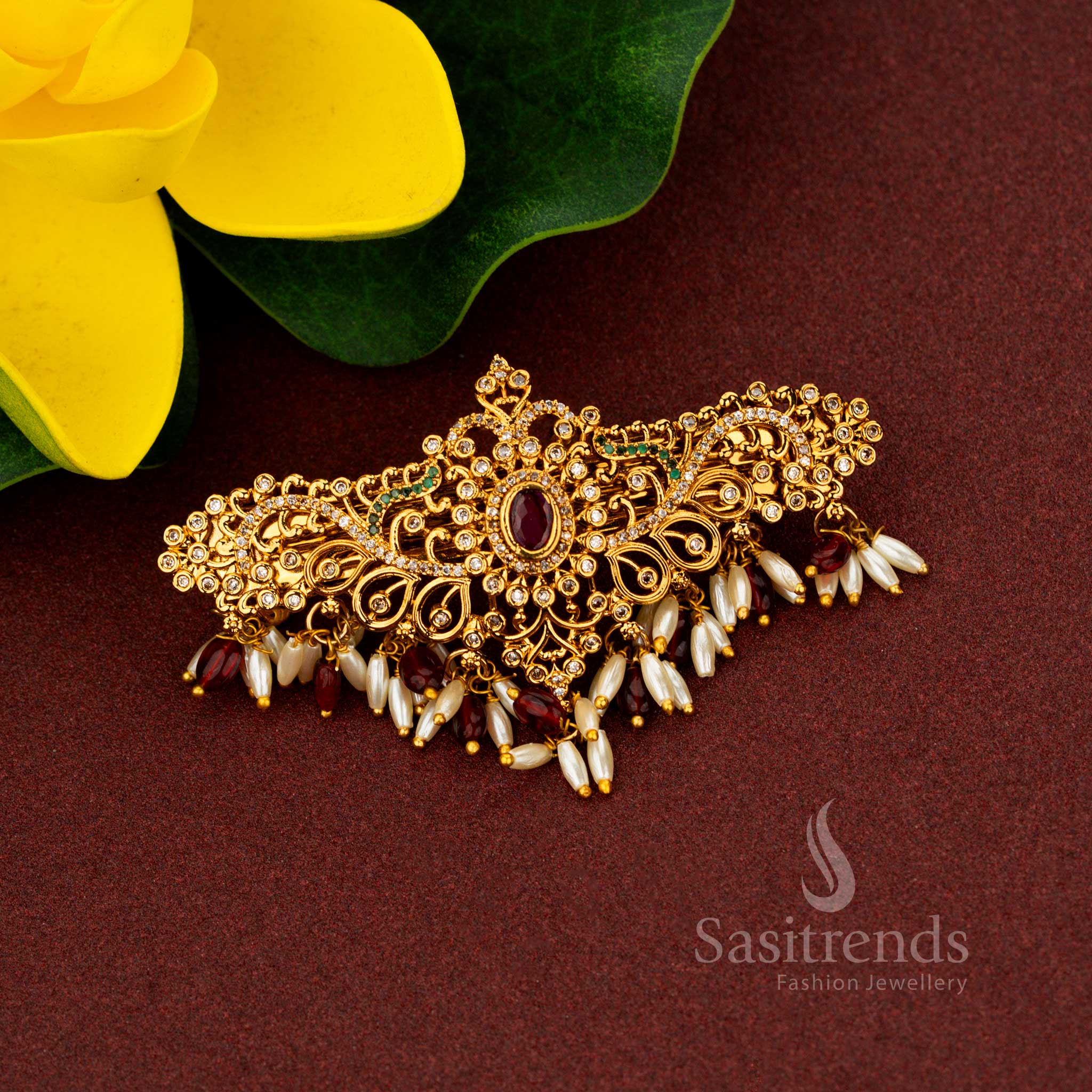Traditional Sasitrends AD hair clip with oval red stone and pearl accents
