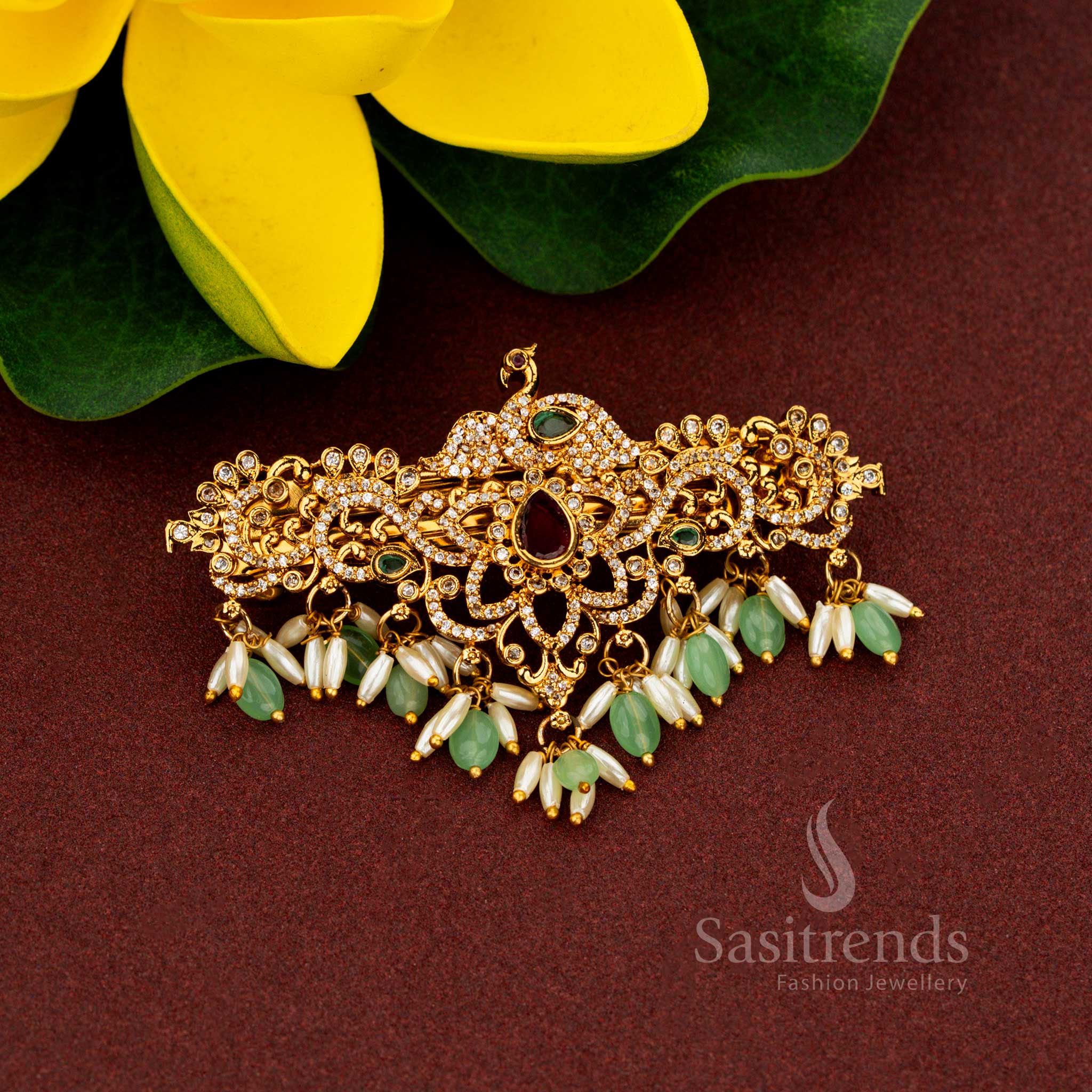 Splendid mint AD rice pearl hair clip enriched with radiant temple peacock motifs illustrious matte gold craftsmanship regal floral artistry and noble refinement perfect for heritage bridal occasions – Sasitrends