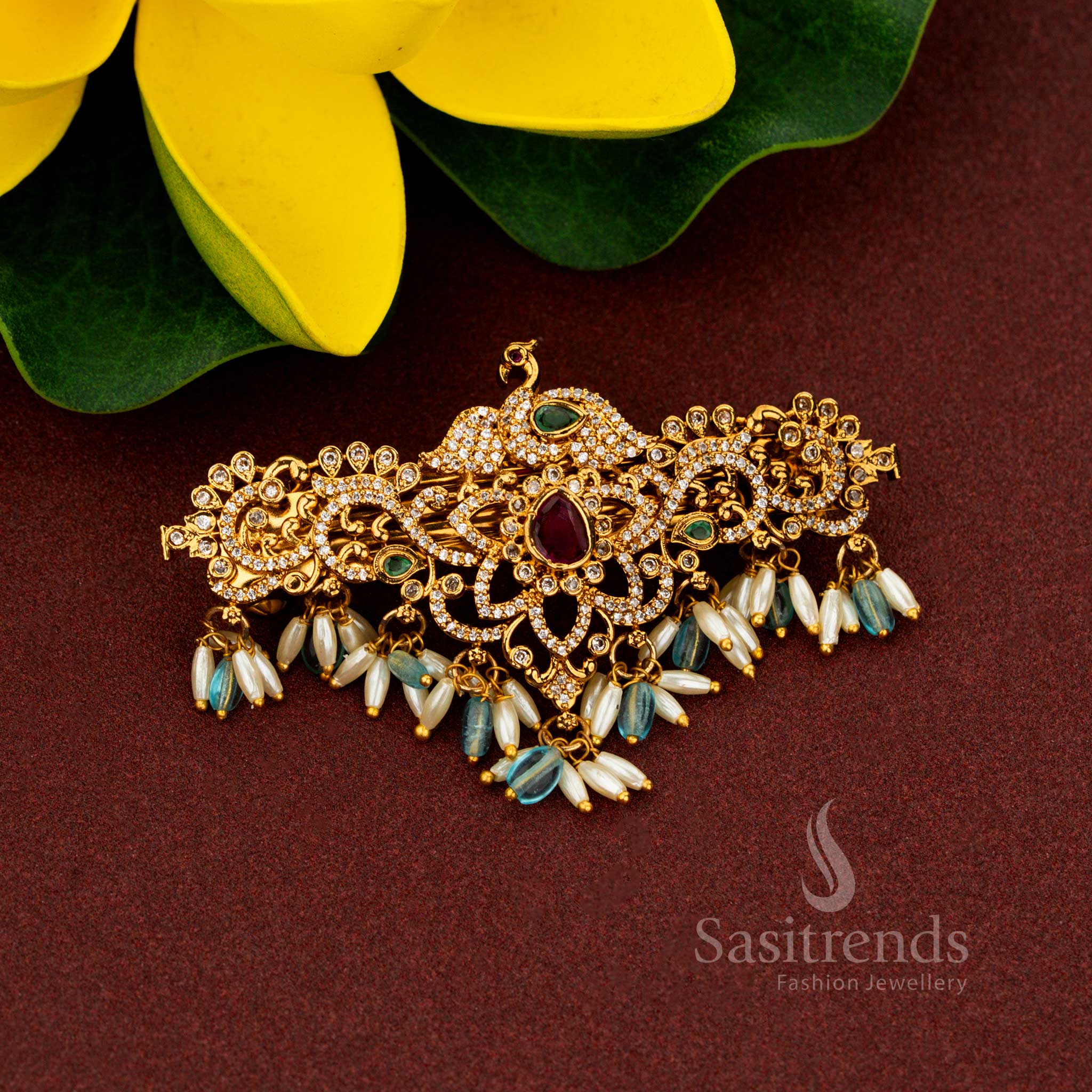 Heritage sky blue AD rice pearl hair clip showcasing divine temple peacock artistry aristocratic matte gold brilliance splendid floral elegance and celestial craftsmanship designed for regal weddings – Sasitrends