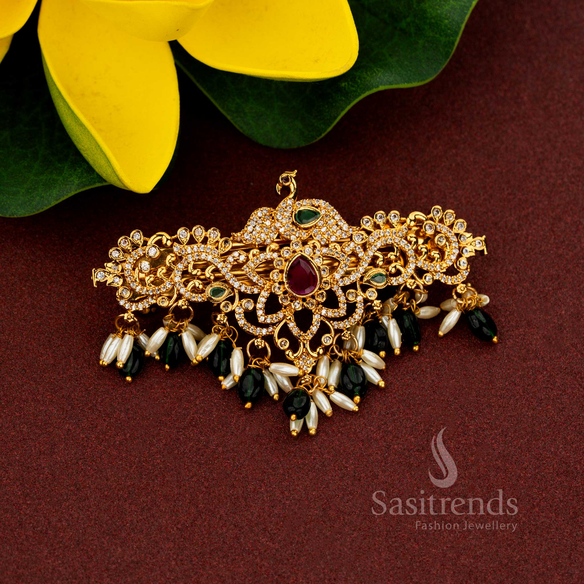 Splendid green peacock floral hair clip featuring celestial matte gold brilliance illustrious teardrop AD stone detailing aristocratic rice pearl adornments and heritage refinement for bridal grandeur – Sasitrends