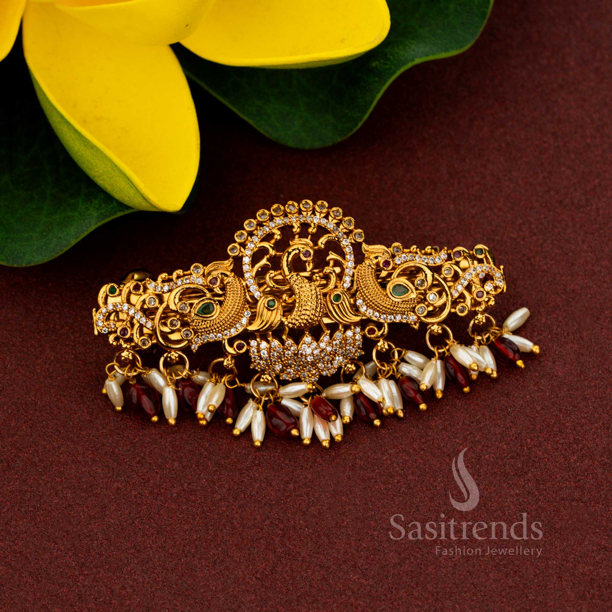 Grandiose red temple triple peacock hair clip adorned with aristocratic matte gold finish lavish AD stone brilliance heritage pearl artistry and resplendent craftsmanship for sovereign weddings – Sasitrends