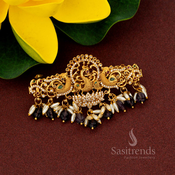 Magnificent purple triple peacock temple hair clip styled with celestial matte gold artistry ornate AD stones eternal pearl accents and noble refinement designed for illustrious bridal grandeur – Sasitrends