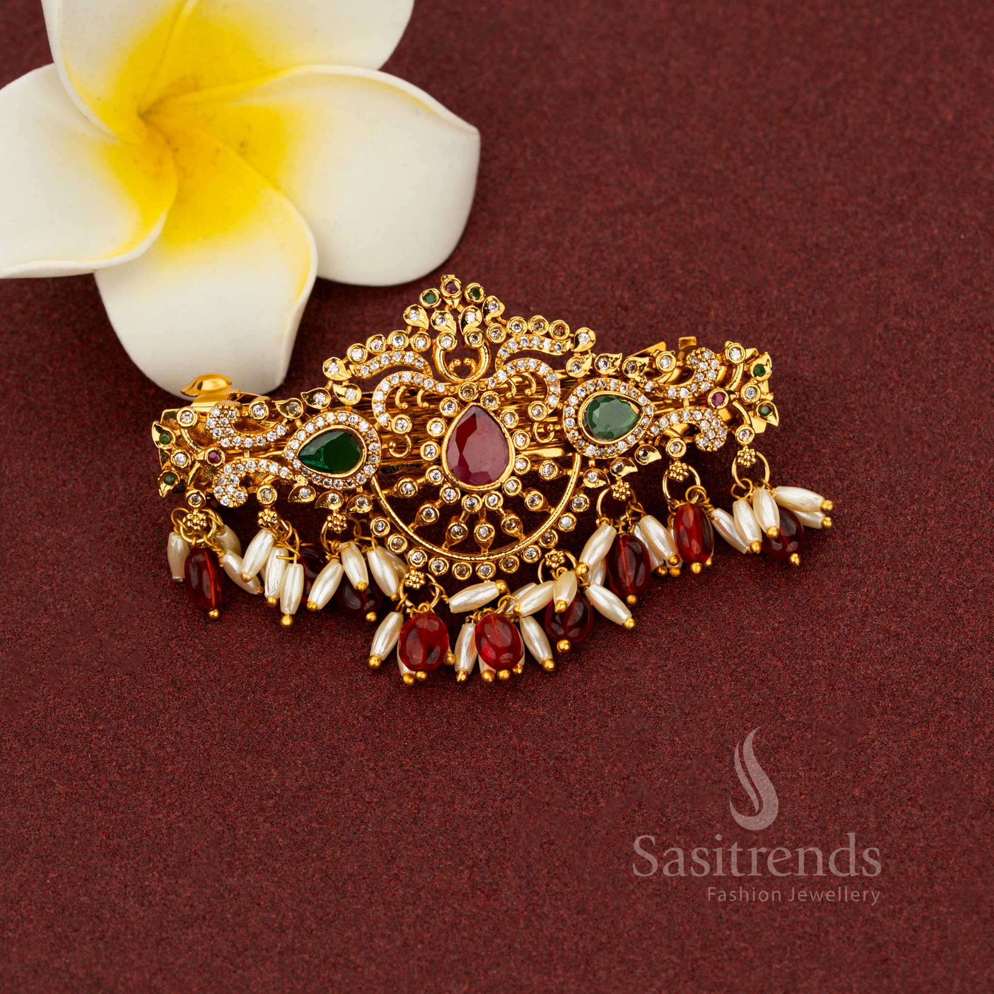 Ethereal red teardrop floral hair clip crafted in magnificent matte gold with sacred pearl accents opulent multi-color AD artistry and aristocratic grandeur fashioned for glorious wedding refinement – Sasitrends