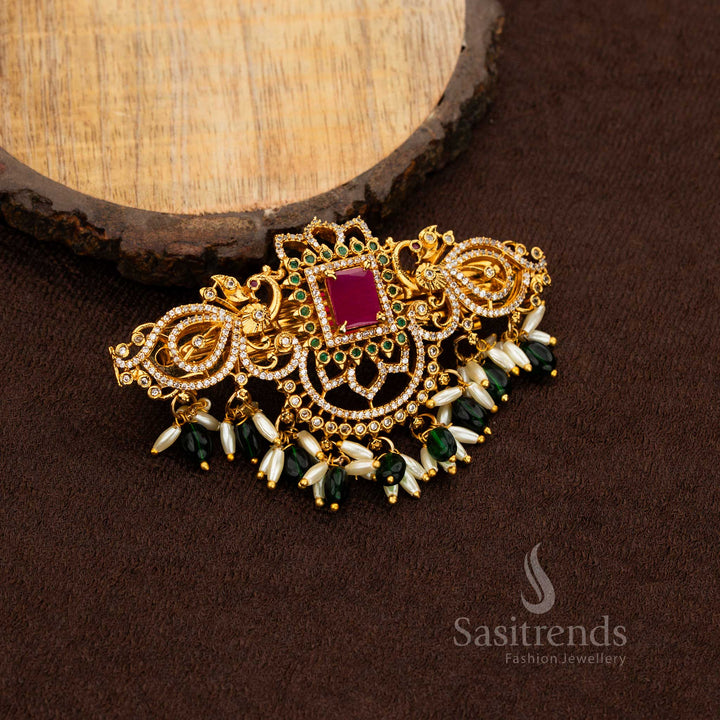Temple Matte Gold Plated Dual Peacock Floral AD Rice Pearl Hair Clip