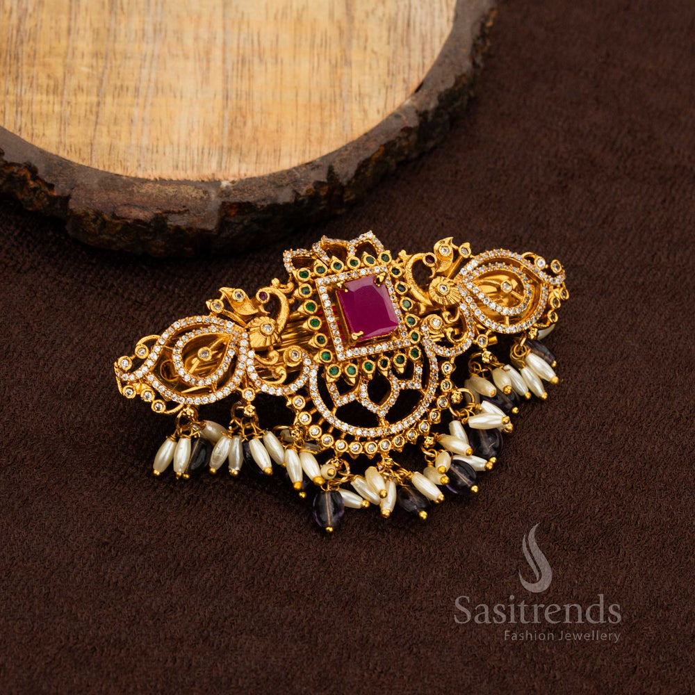Sasitrends luxury square and lotus temple AD rice pearl wedding hair accessory