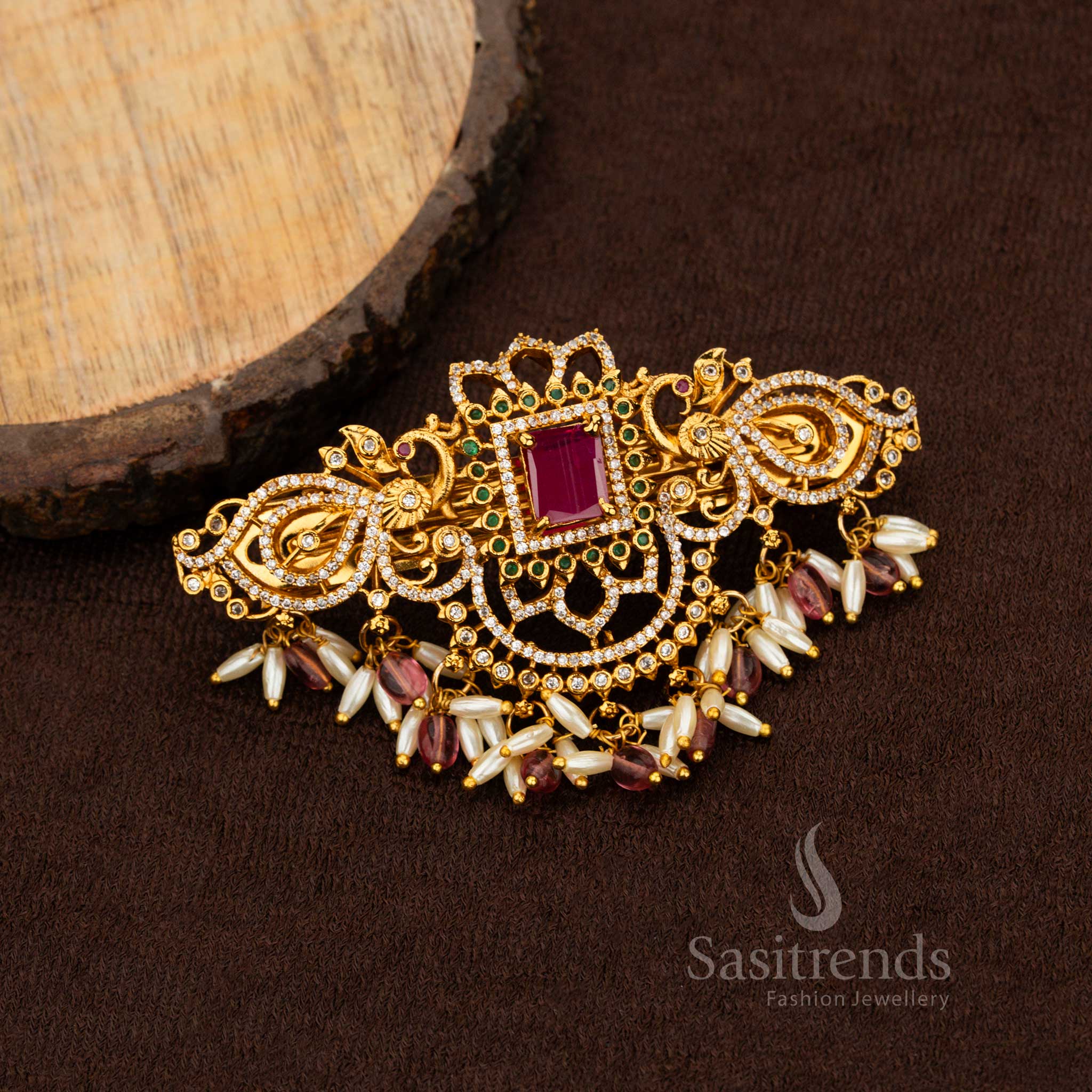 Sasitrends luxury square and lotus temple AD rice pearl wedding hair accessory