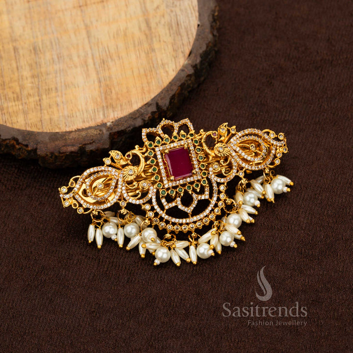Sasitrends luxury square and lotus temple AD rice pearl wedding hair accessory