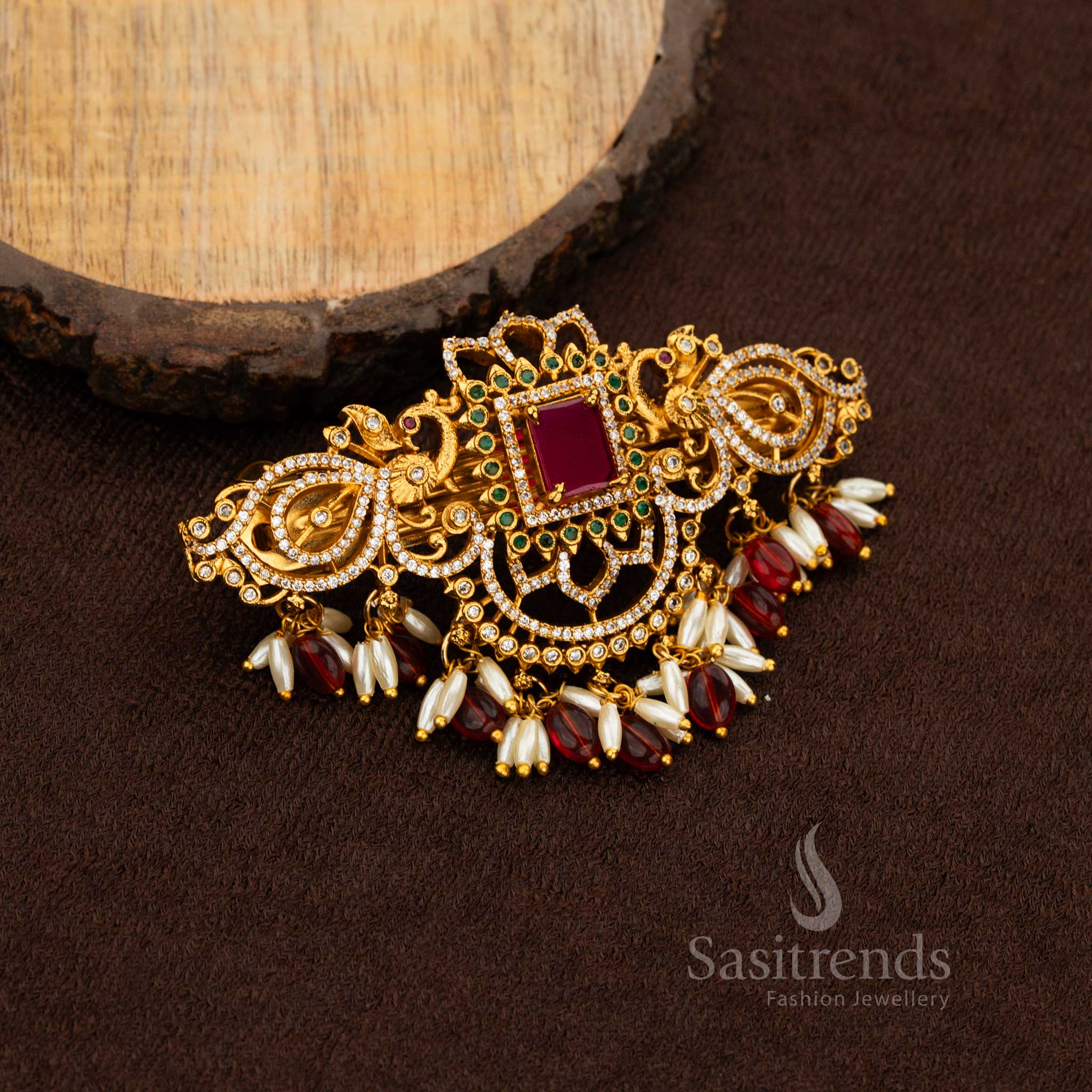 Sasitrends premium temple hair clip with vibrant pearls and AD accents