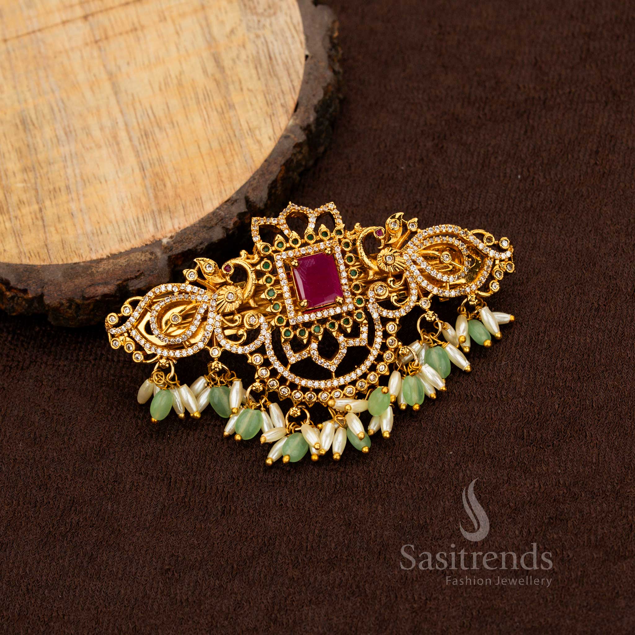 Sasitrends premium temple hair clip with vibrant pearls and AD accents