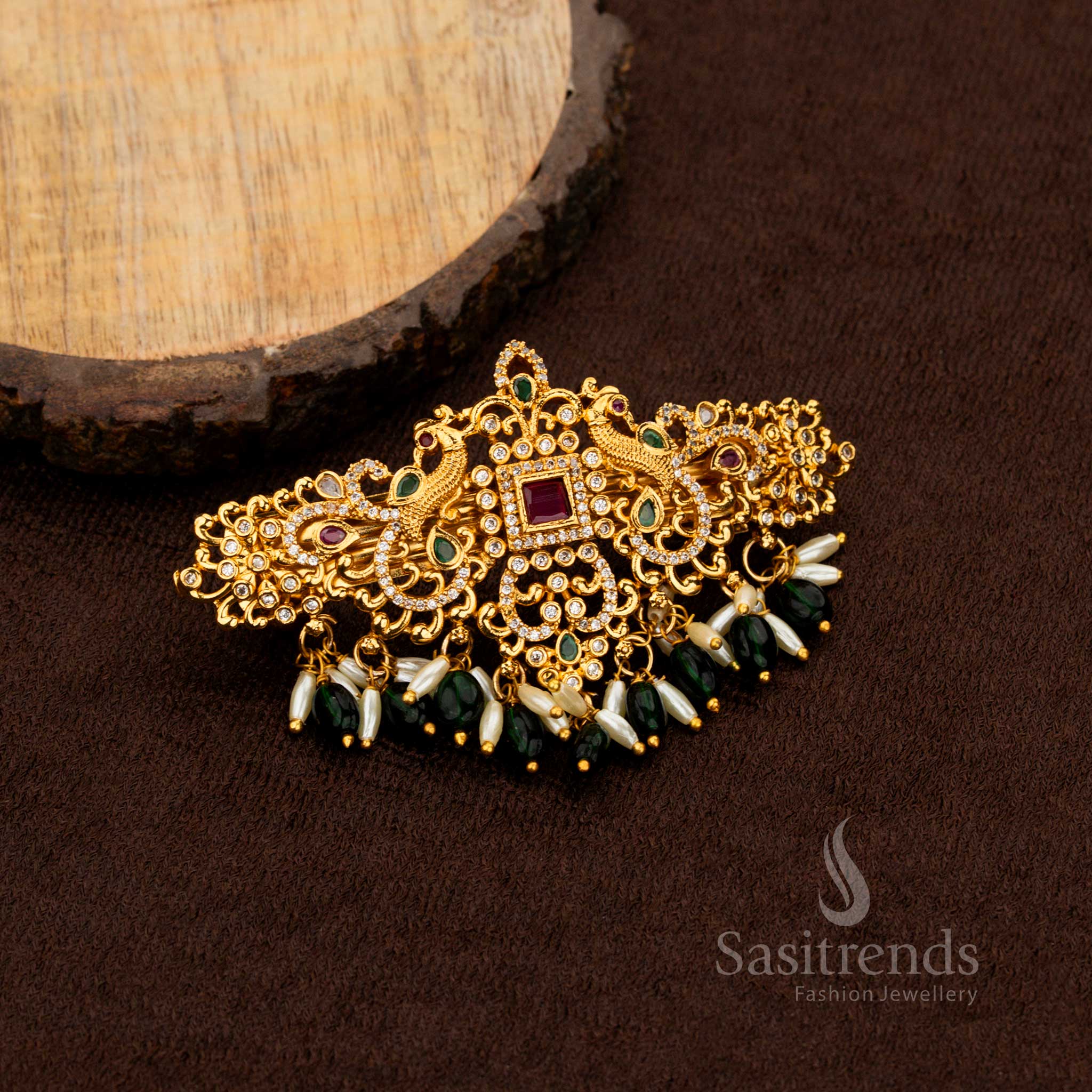 Bridal temple hair accessory with dual peacock motif and pearls