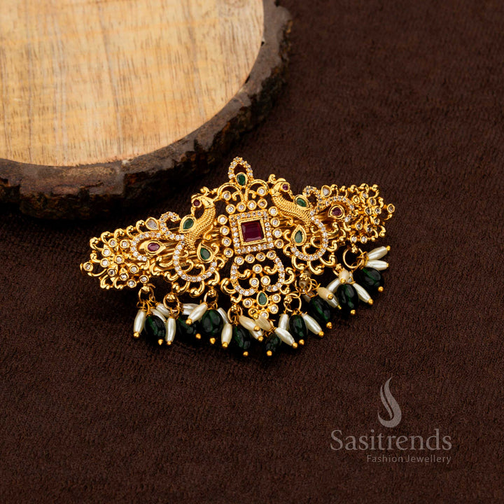Bridal temple hair accessory with dual peacock motif and pearls