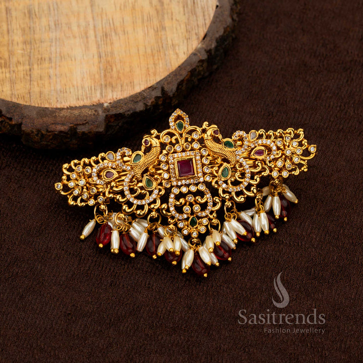 Matte gold plated dual peacock temple hair clip with rice pearls