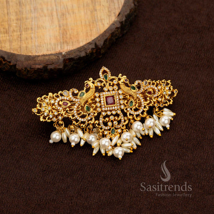 Traditional dual peacock hair clip with square AD stone Sasitrends