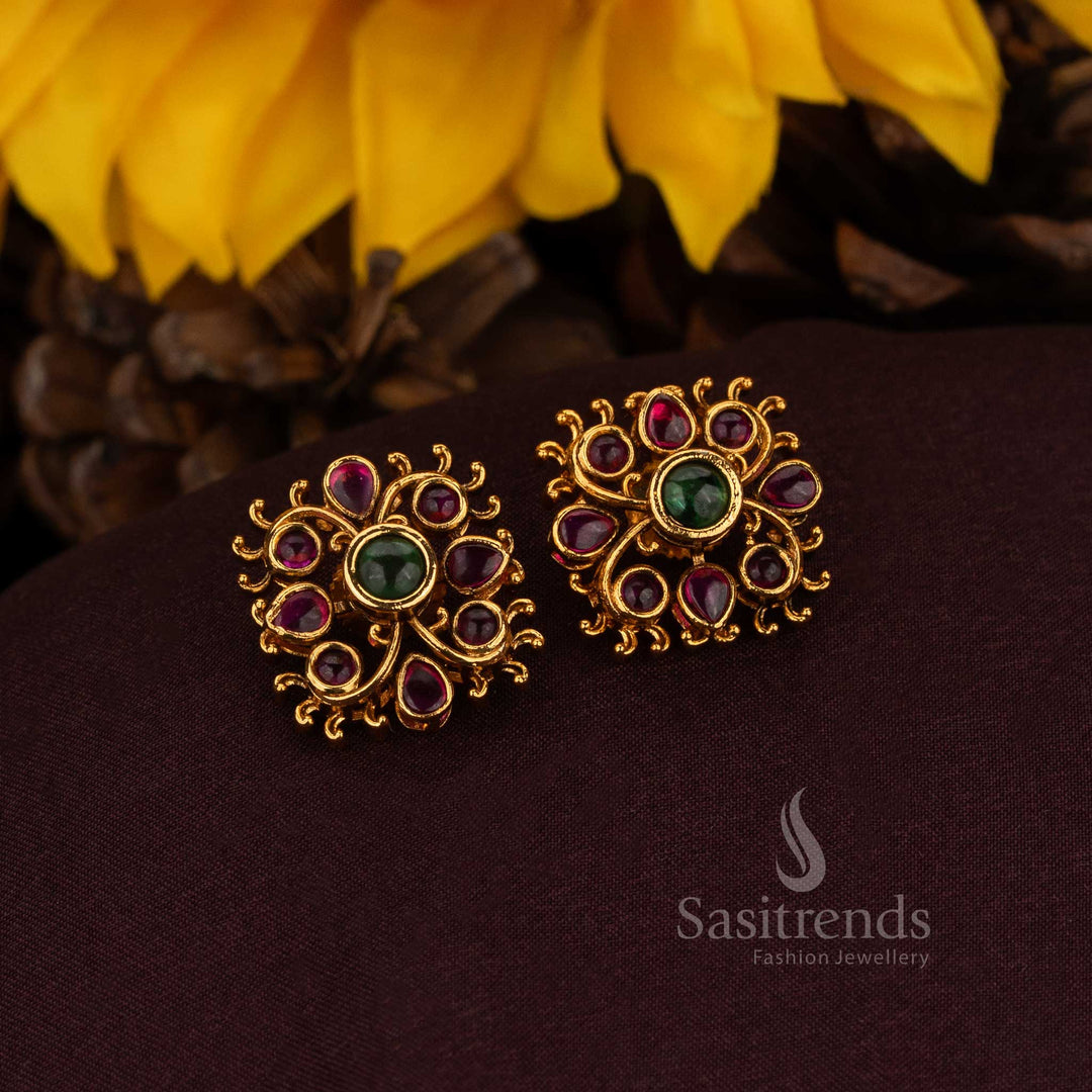 Matte gold plated square floral stud earrings for weddings – Sasitrends