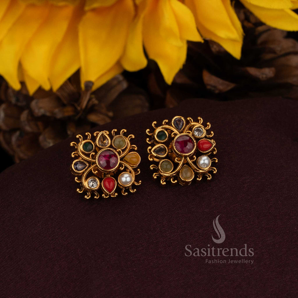 Traditional matte gold square studs with floral artistry – Sasitrends