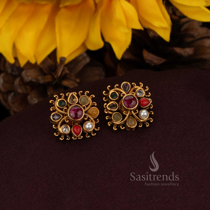 Traditional matte gold square studs with floral artistry – Sasitrends