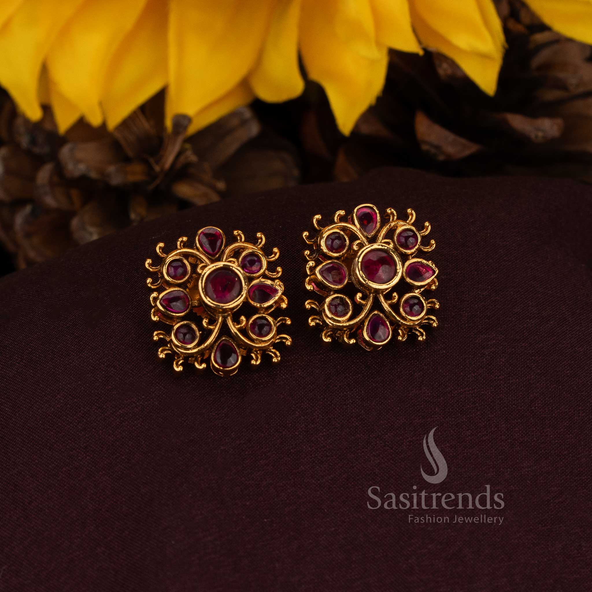 Traditional matte gold square studs with floral artistry – Sasitrends