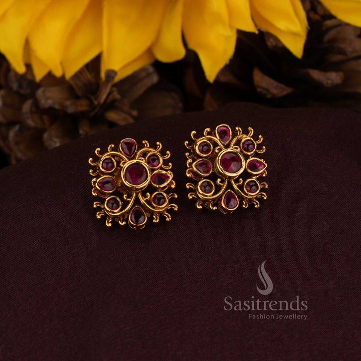 Traditional matte gold square studs with floral artistry – Sasitrends