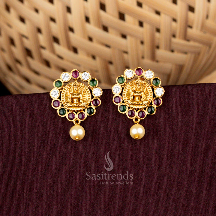 Matte Gold Plated Circular AD Stud Earrings with Lakshmi Motif – Temple Jewellery
