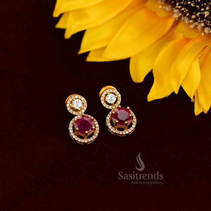 Opulent Matte Gold Plated AD Double Halo Designer Earrings For Party Wear