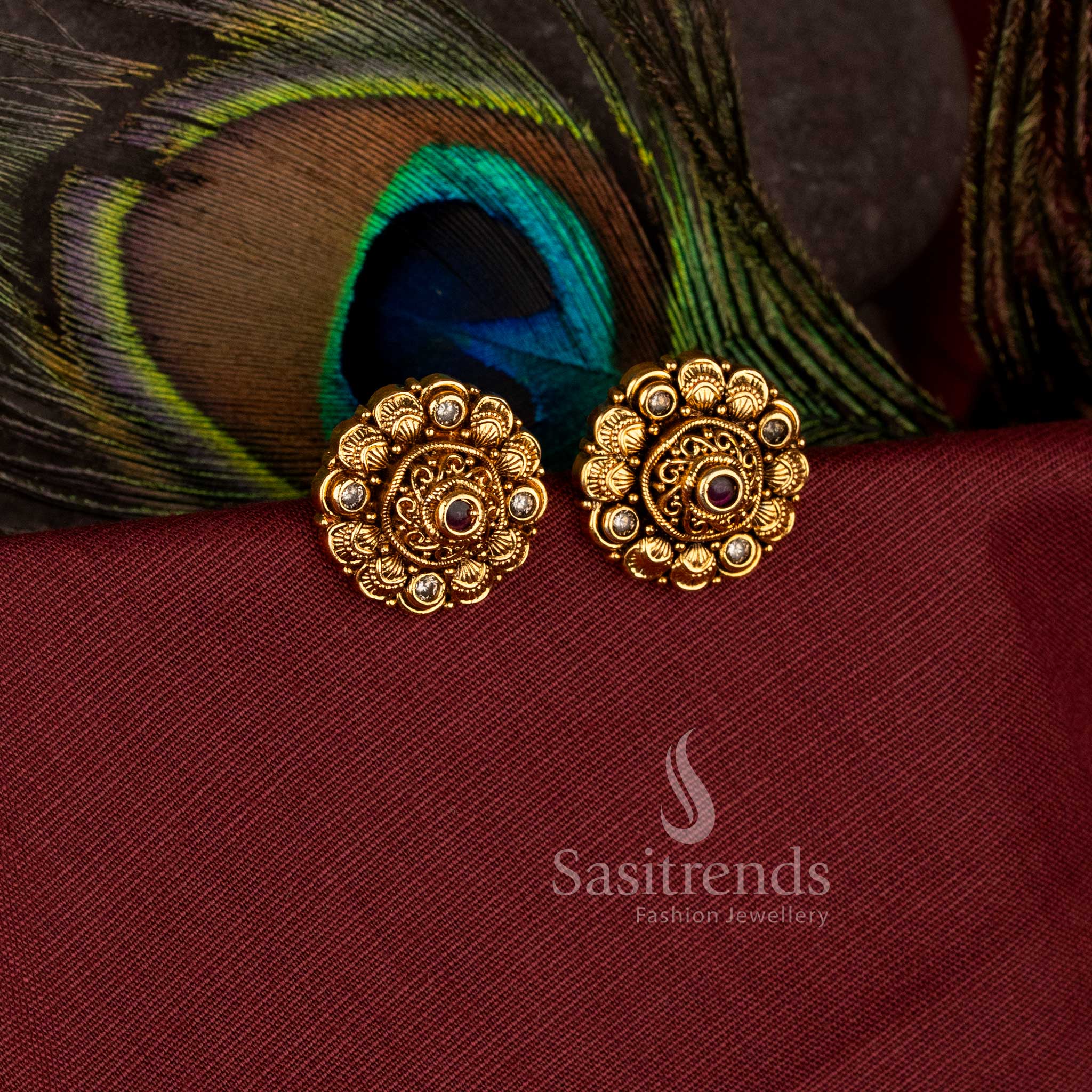 •	Beautiful round coin flower matte gold plated stud earrings with ad stones - Sasitrends