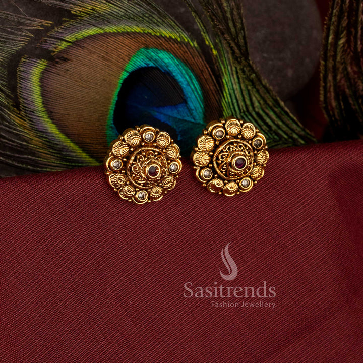 Amazing Round Coin Flower AD Stone Matte Gold Plated Stud Earrings for Ethnic Wear - Sasitrends