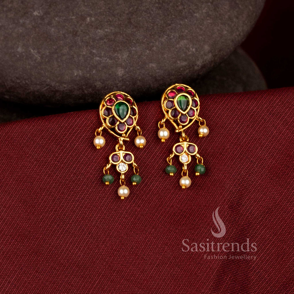 Beautiful paisley flower matte gold plated drop earrings with ad stones - Sasitrends