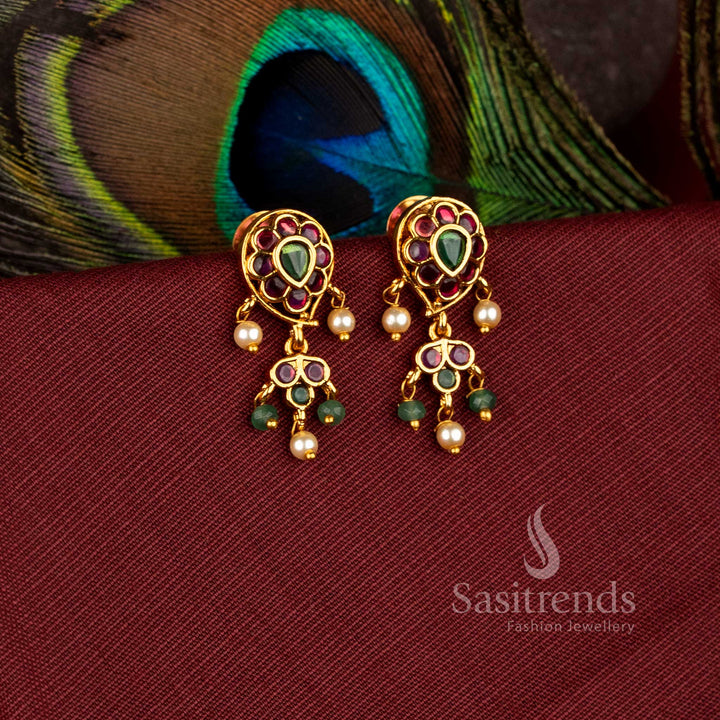Elegant Paisley Flower AD Stone Matte Gold Plated Drop Earrings for Festive Wear - Sasitrends