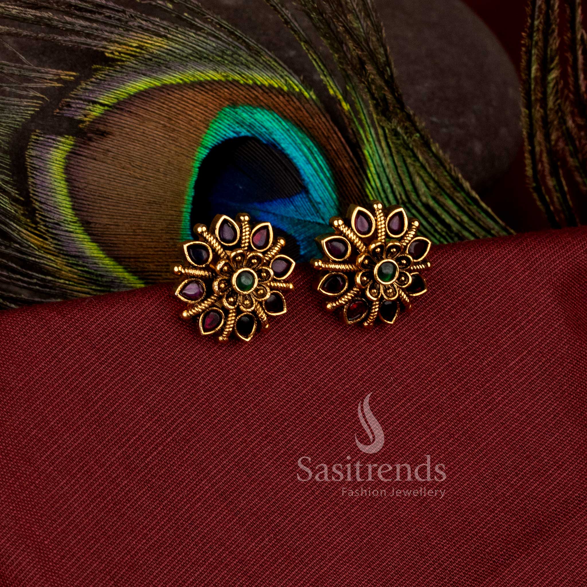 Gorgeous round flower bloom matte gold plated stud earrings with ad stones - Sasitrends