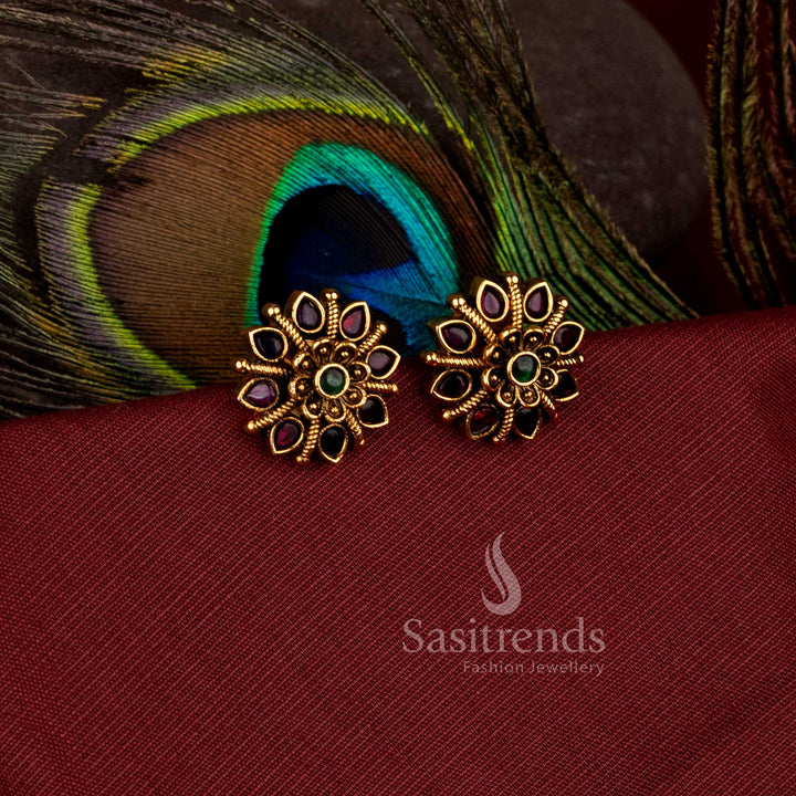 Gorgeous round flower bloom matte gold plated stud earrings with ad stones - Sasitrends