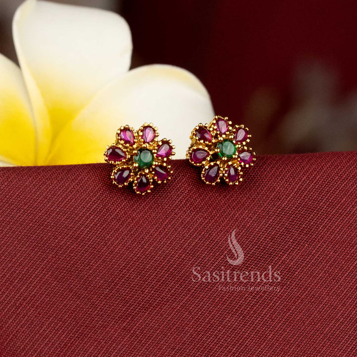Stunning Matte Gold Plated Floral Bloom AD Stone Stud Earrings for Traditional and Festive Wear - Sasitrends
