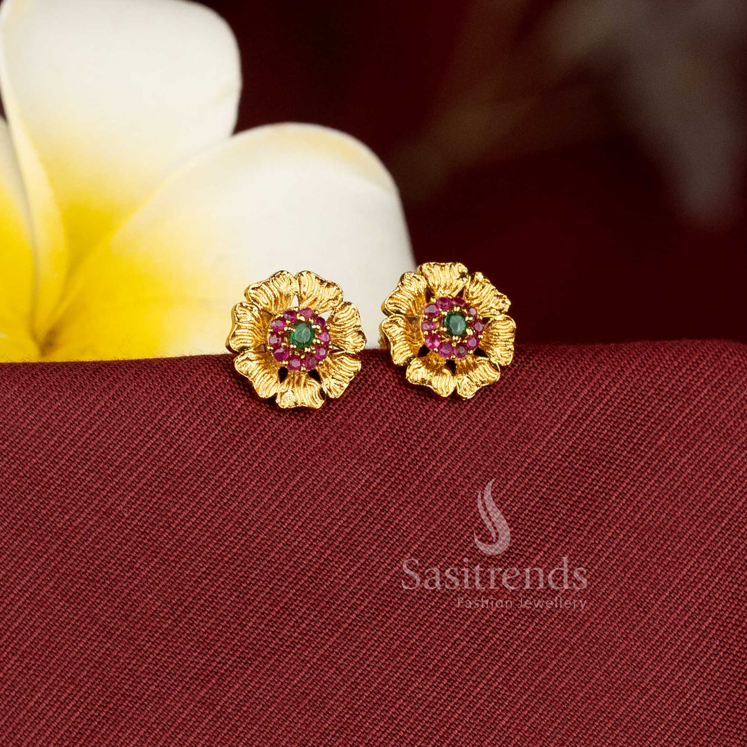 Stunning Matte Gold Plated AD Stone Halo Carved Petal Bloom Stud Earrings Sasitrends