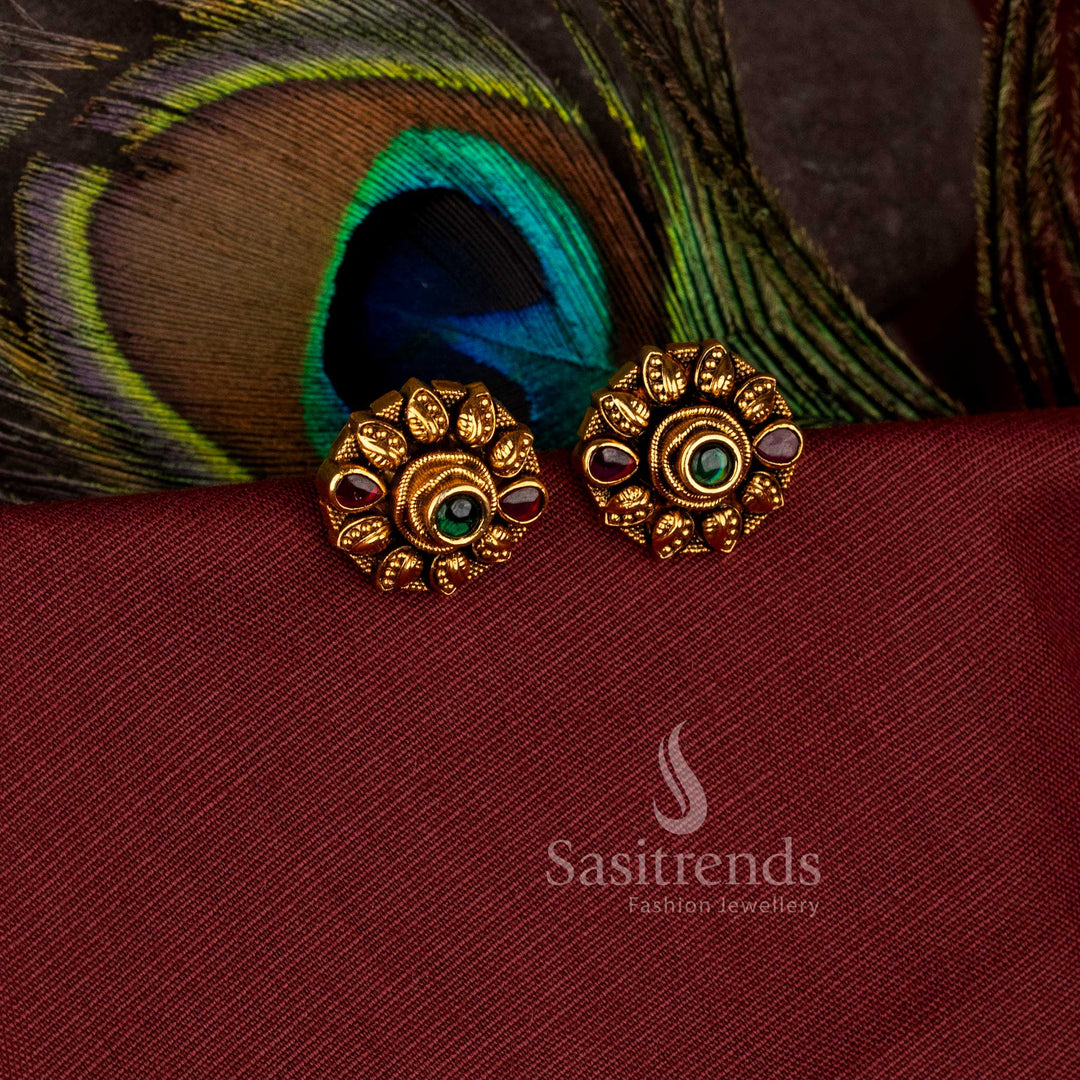 Beautiful round sun coin matte gold plated stud earrings with ad stones - Sasitrends