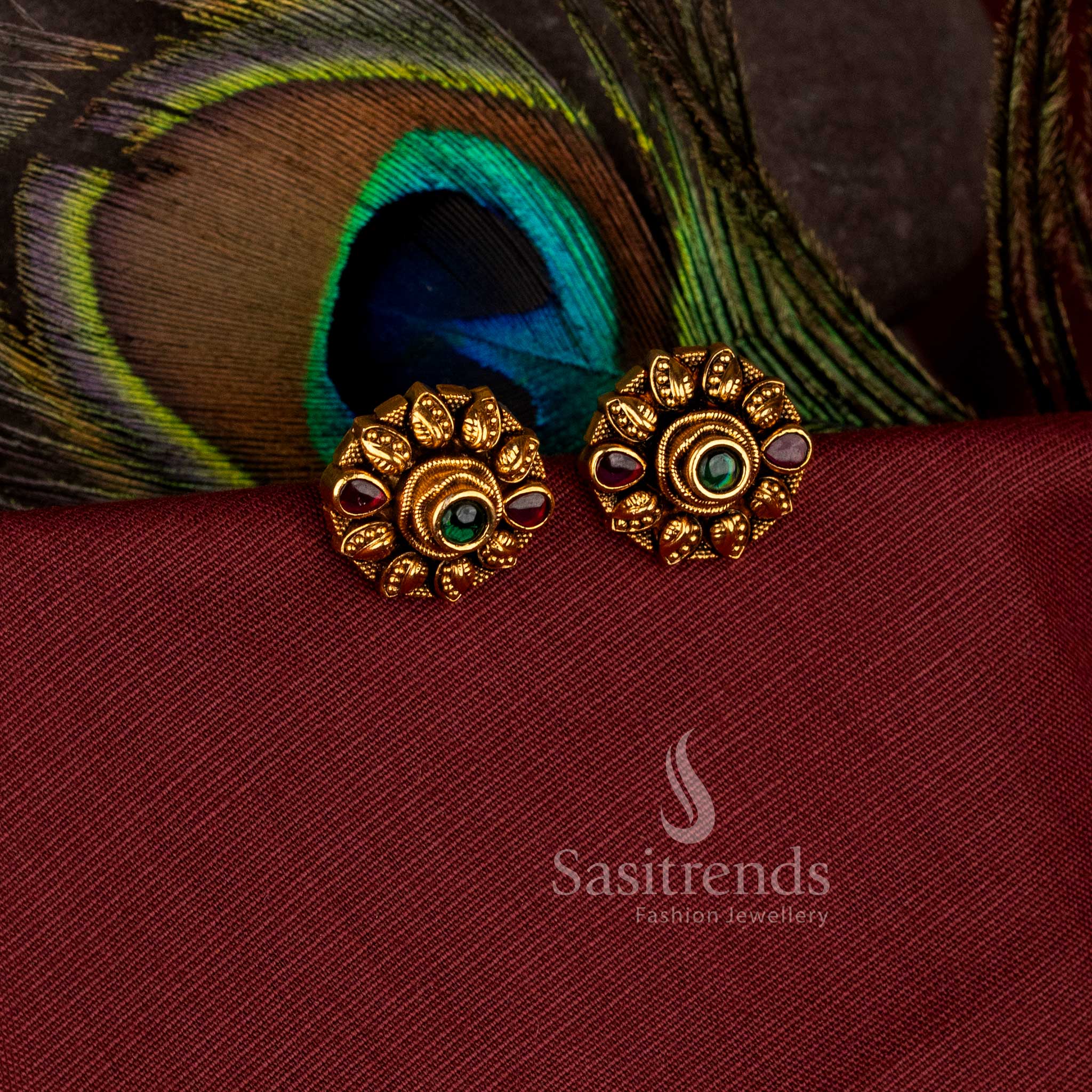 Beautiful round sun coin matte gold plated stud earrings with ad stones - Sasitrends