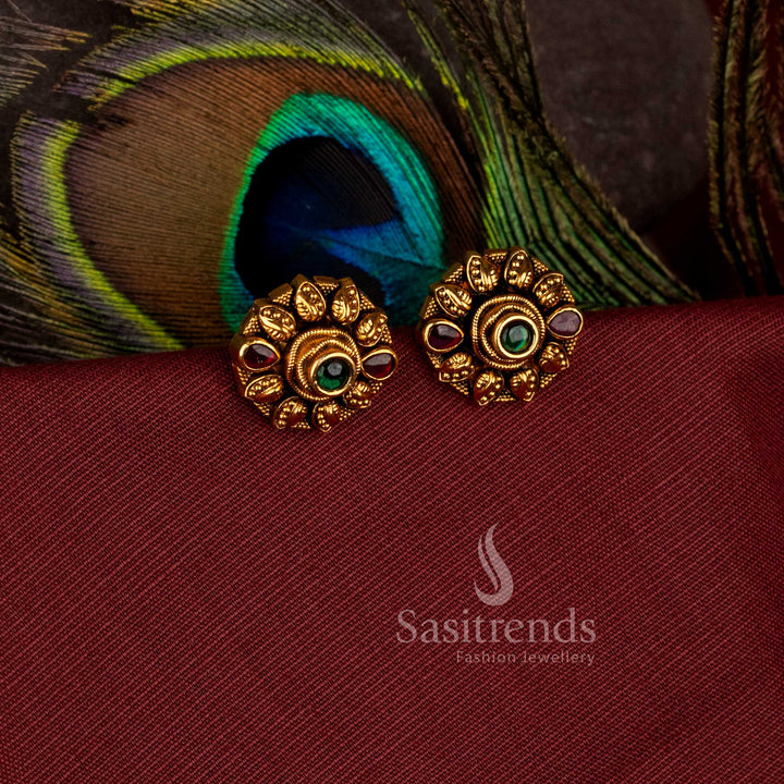 Beautiful round sun coin matte gold plated stud earrings with ad stones - Sasitrends