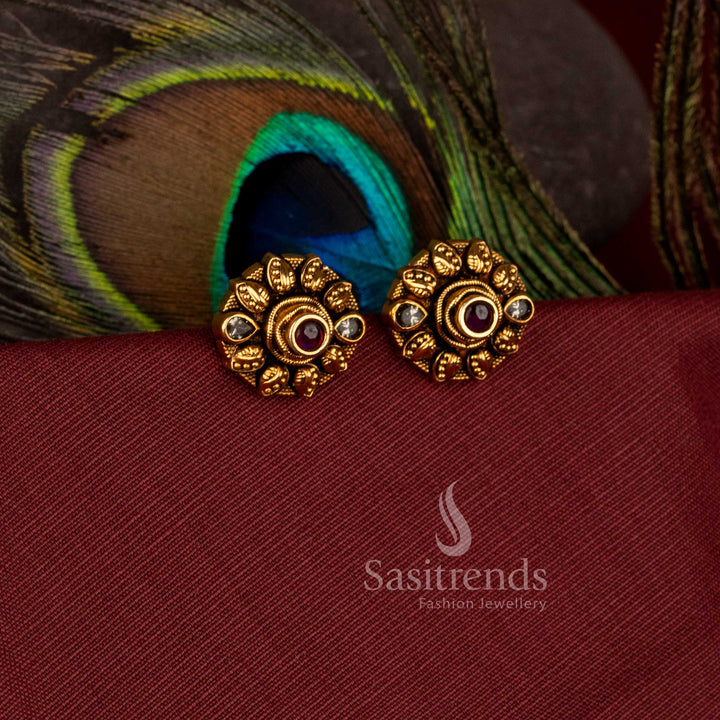 Beautiful round sun coin matte gold plated stud earrings with ad stones - Sasitrends