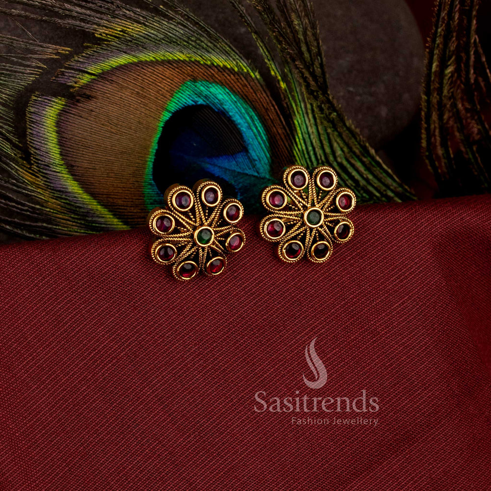 Gorgeous round flower wheel matte gold plated stud earrings with ad stones - Sasitrends
