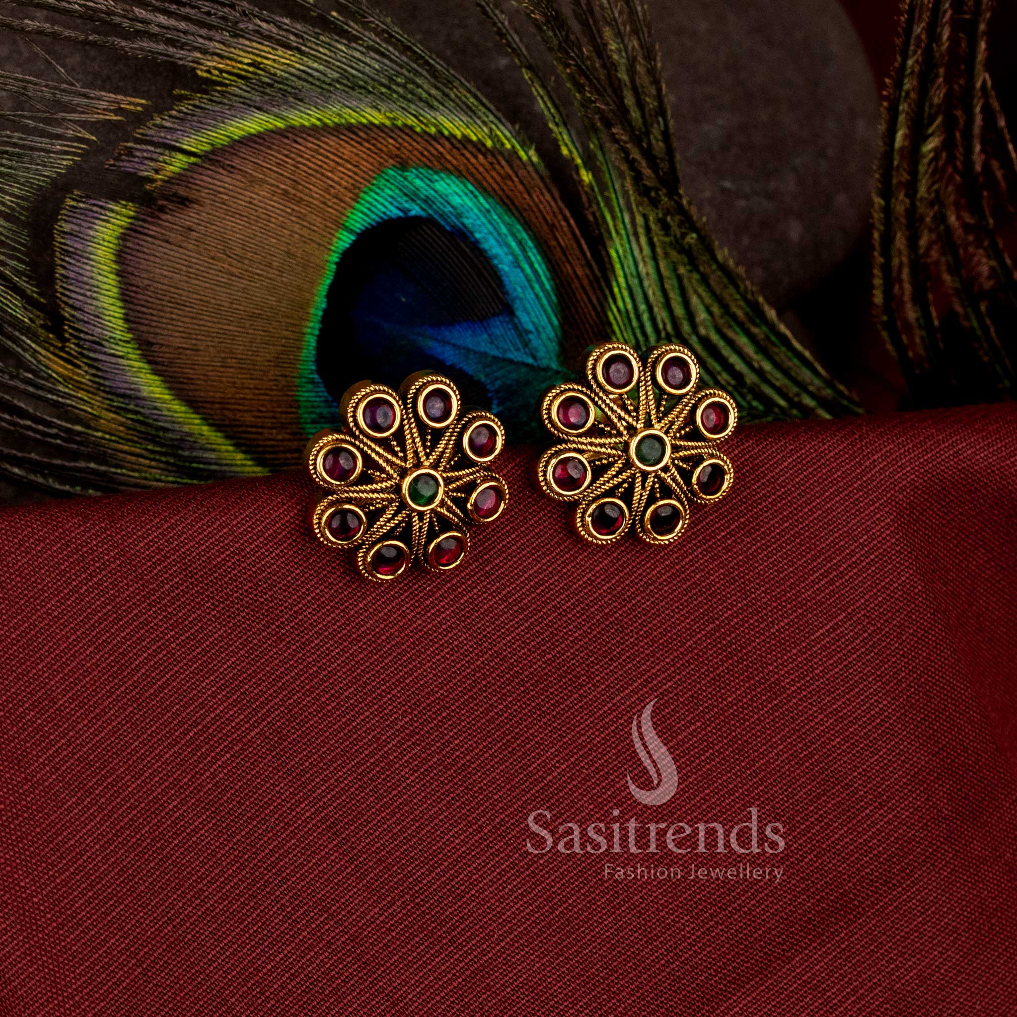 Gorgeous round flower wheel matte gold plated stud earrings with ad stones - Sasitrends