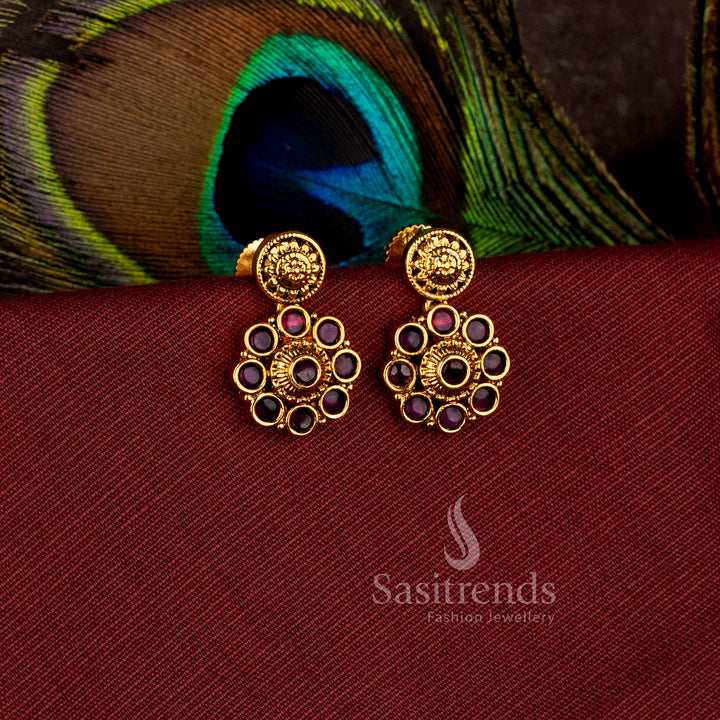 Gorgeous Round Motif Flower Drop AD Stone Matte Gold Plated Earrings for Festive Wear - Sasitrends