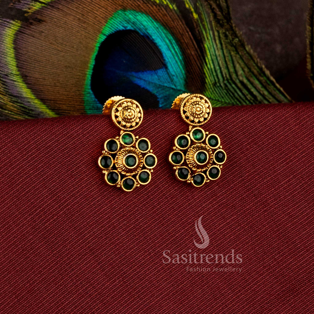 Simple circular floral wheel drop earrings crafted with premium matte gold plated finish - Sasitrends