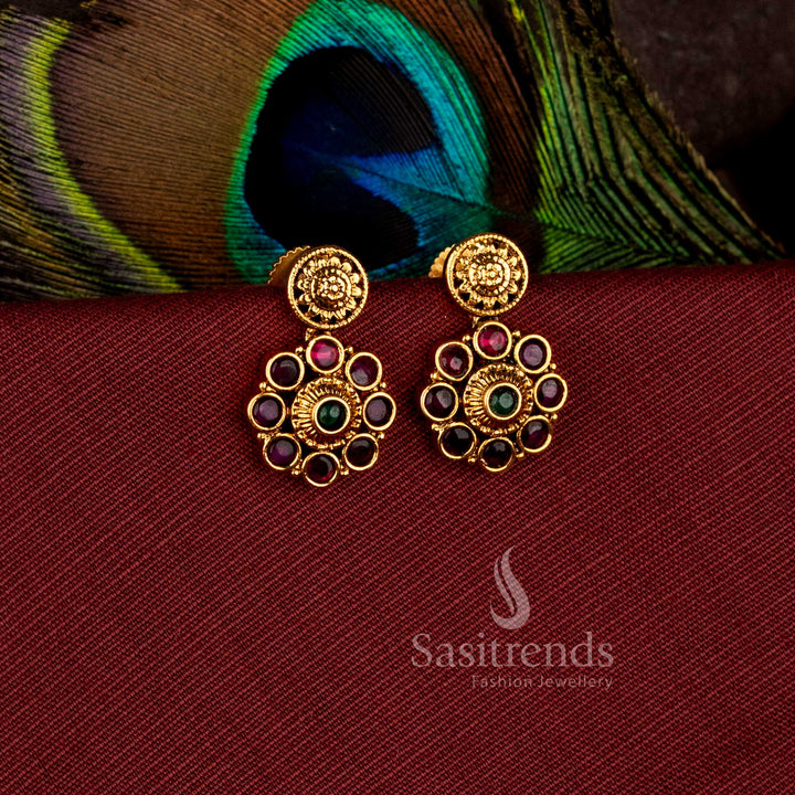 Simple circular floral wheel drop earrings crafted with premium matte gold plated finish - Sasitrends