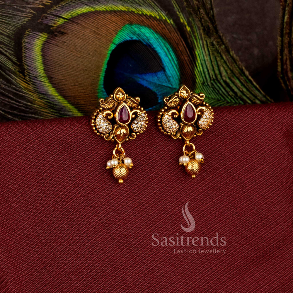 Charming peacock paisley matte gold plated drop earrings with ad stones - Sasitrends