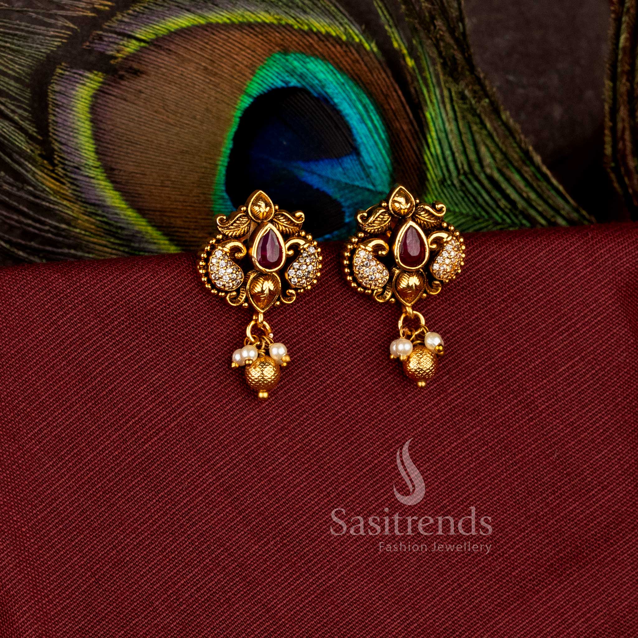 Charming peacock paisley matte gold plated drop earrings with ad stones - Sasitrends