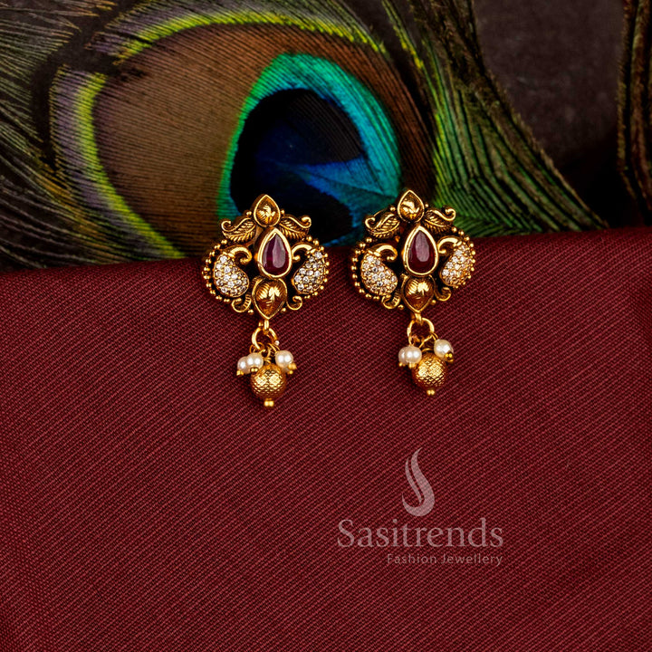 Charming peacock paisley matte gold plated drop earrings with ad stones - Sasitrends