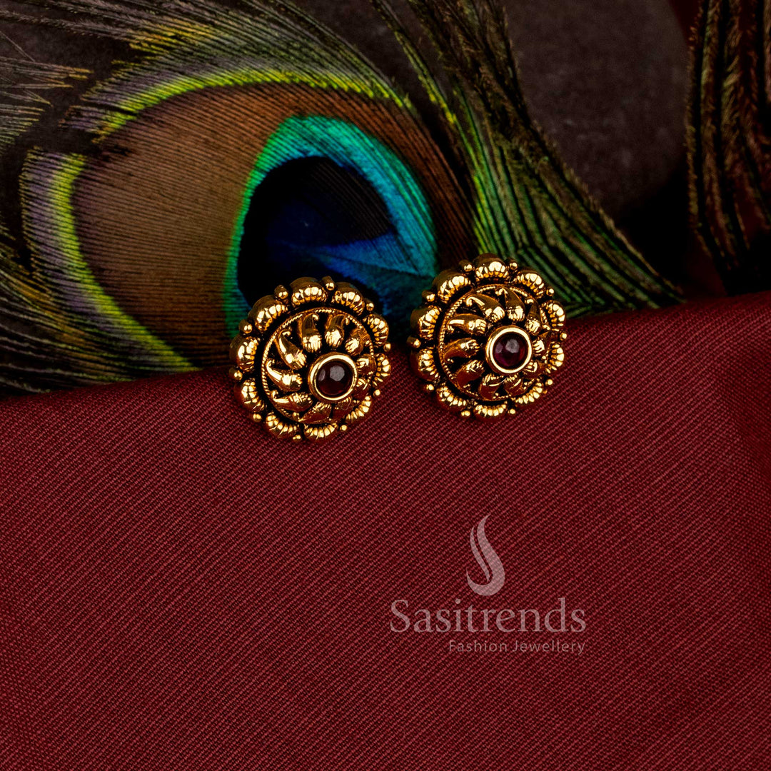 Lovely round sun coin matte gold plated stud earrings with ad stone - Sasitrends